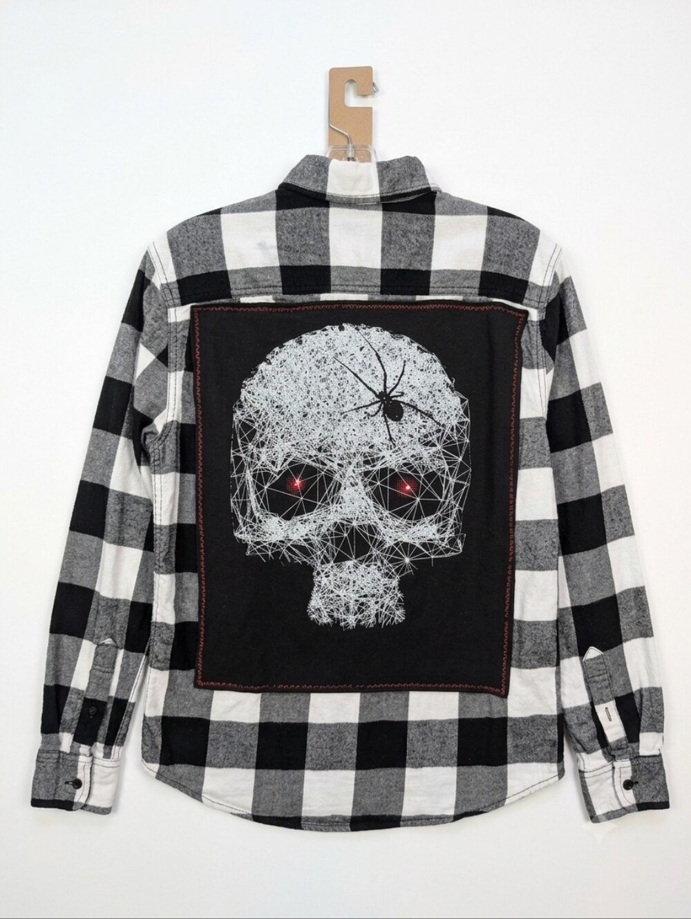 Spiderweb Skull Print Upcycled Flannel Shirt